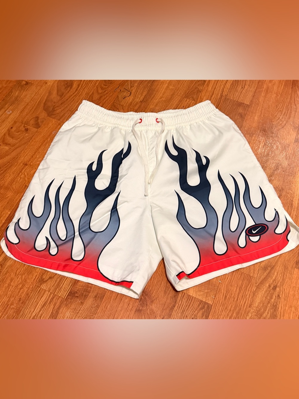 Nike White Men's Flame Print Shorts with Navy and Red Accents